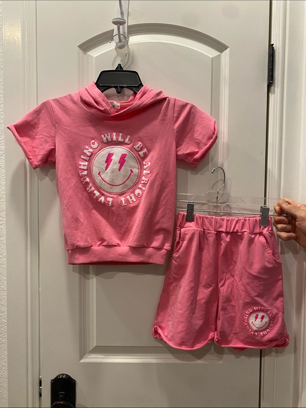 Lola + The Boys Pink Short Sleeve Hooded Pajama Set with Smiley Graphic